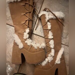 Demonia Camel-311 Vegan Suede Tan Faux Fur Platform Boots